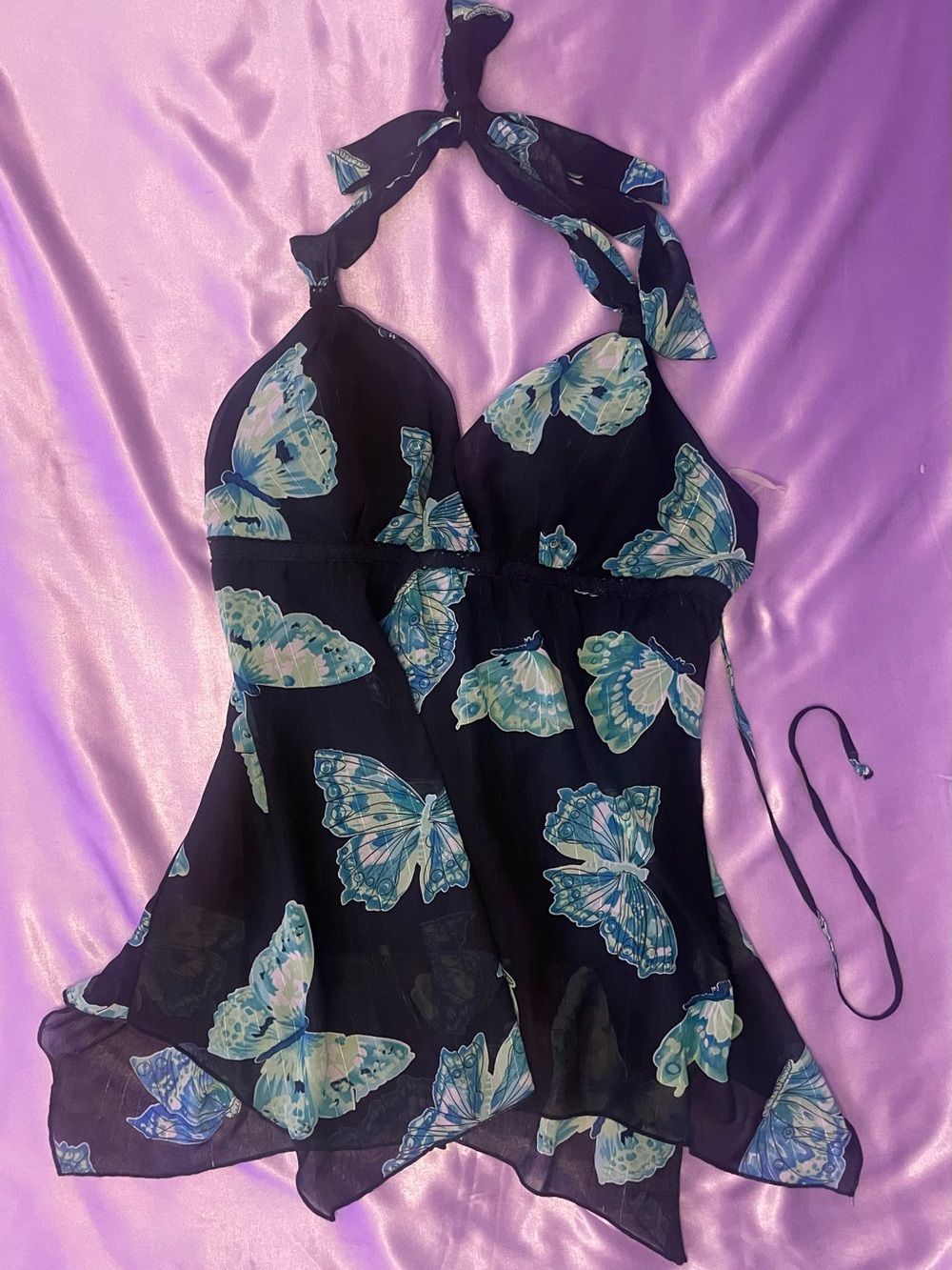 Vntg y2k Hankerchief hem butterfly sheer halter top